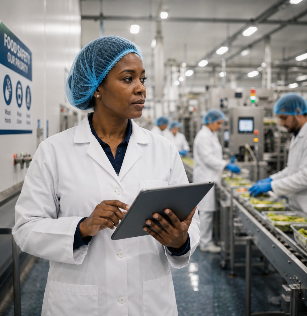 Supervisor monitoring food production safety standards
