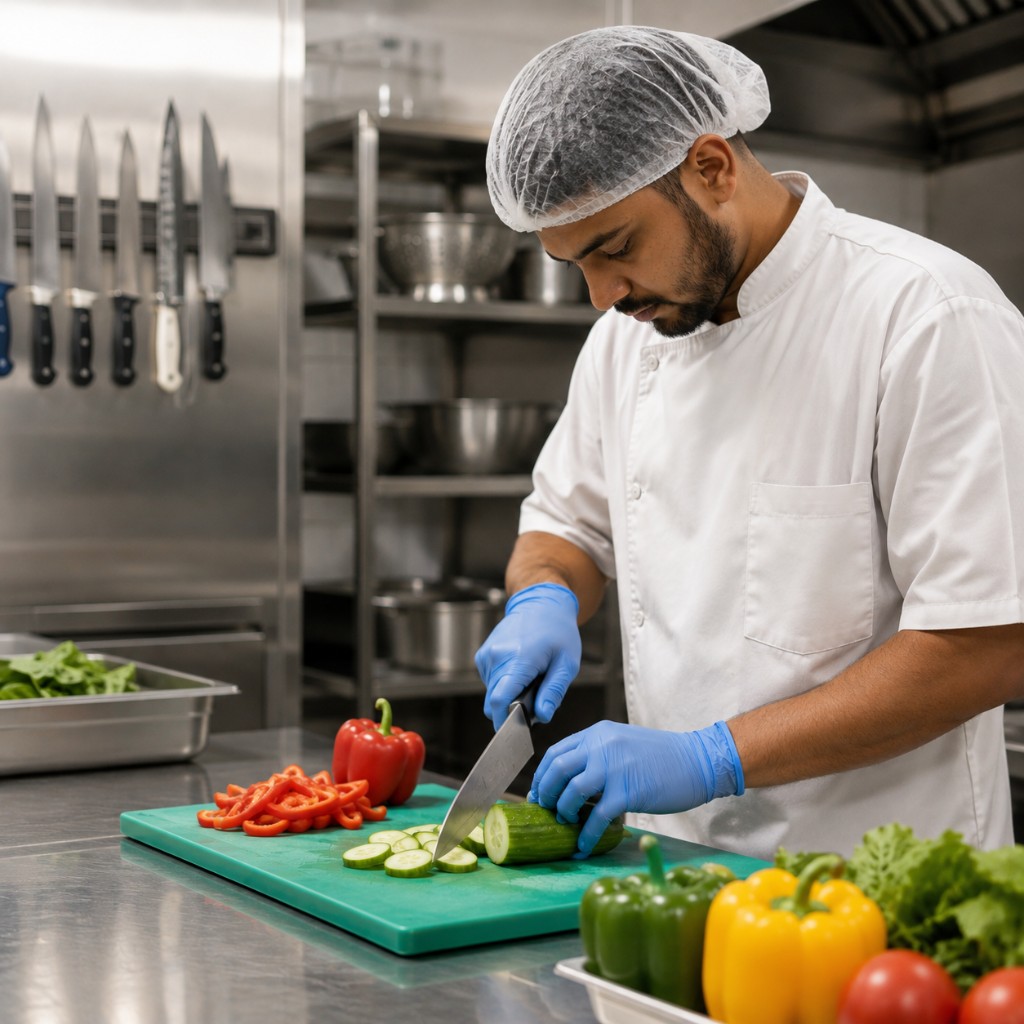 Chef demonstrating safe knife handling and claw grip