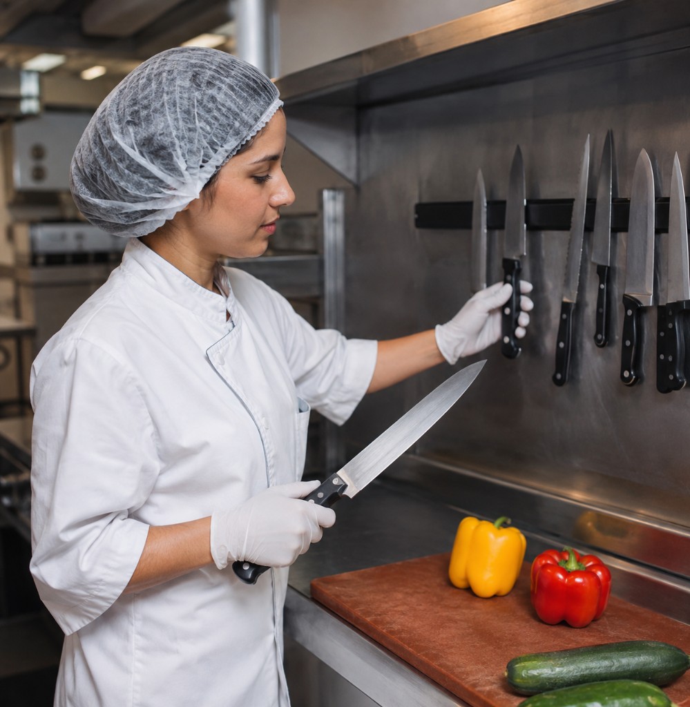 Safe knife storage on a magnetic rack in a professional kitchen